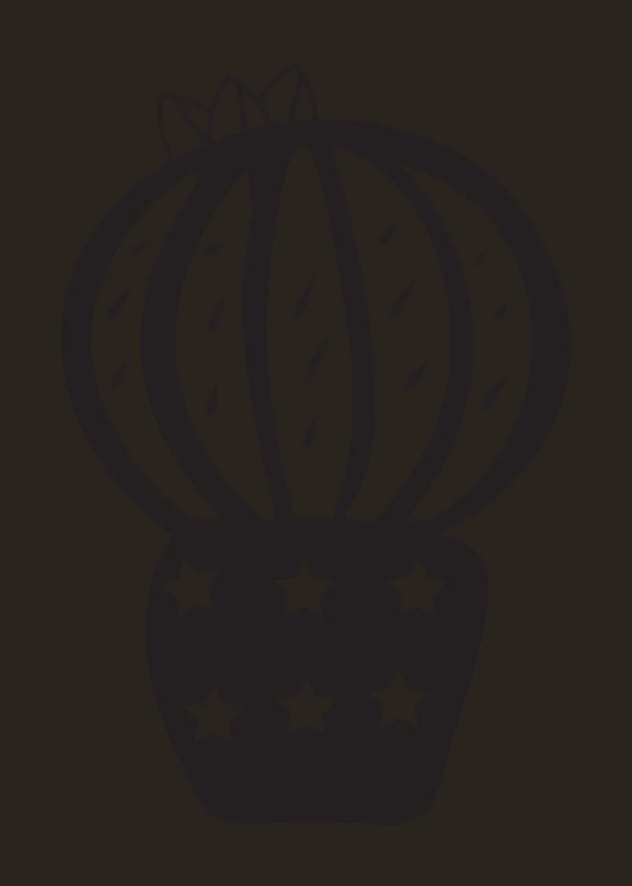 Line Art Illustration of Stylized cactus in a pot with star cutouts with black cactus with vertical ridges and small spines, white star cutouts on black pot and three-leaf crown on top of cactus contrast preview thumbnail