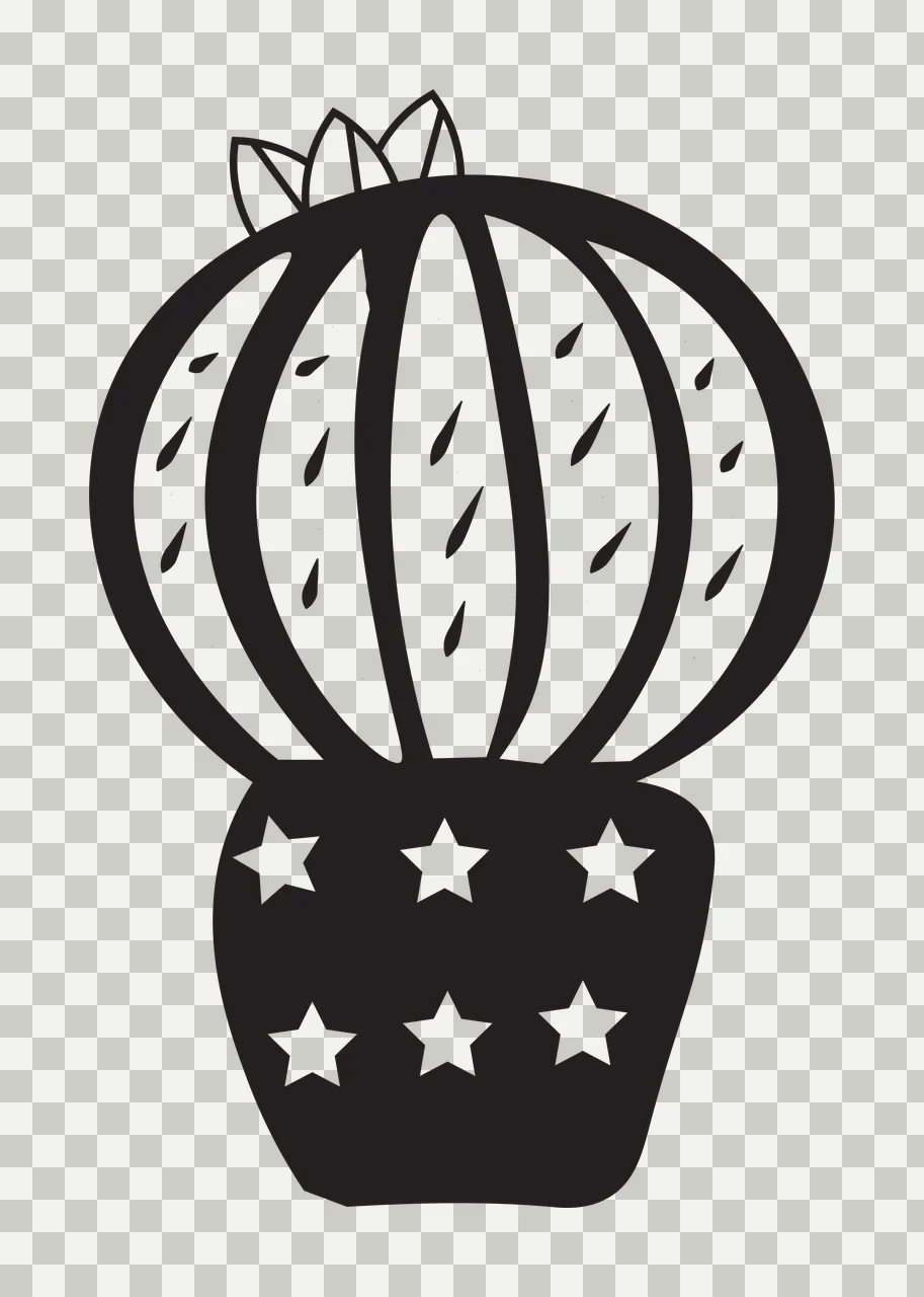 Line Art Illustration of Stylized cactus in a pot with star cutouts with black cactus with vertical ridges and small spines, white star cutouts on black pot and three-leaf crown on top of cactus transparency and detail preview thumbnail
