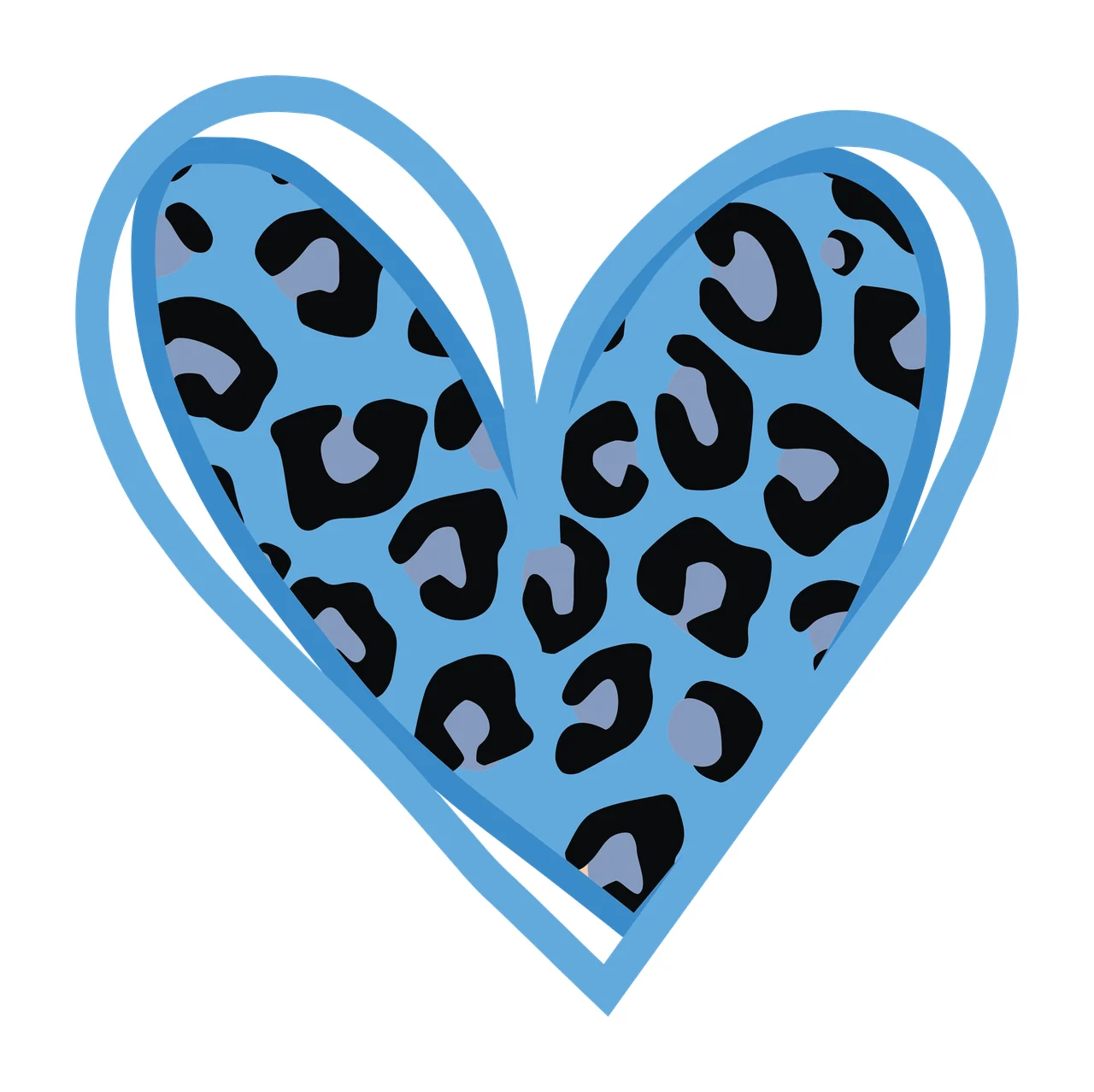 Heart-shaped design with leopard print with blue heart outline, black leopard spots and gray leopard spots