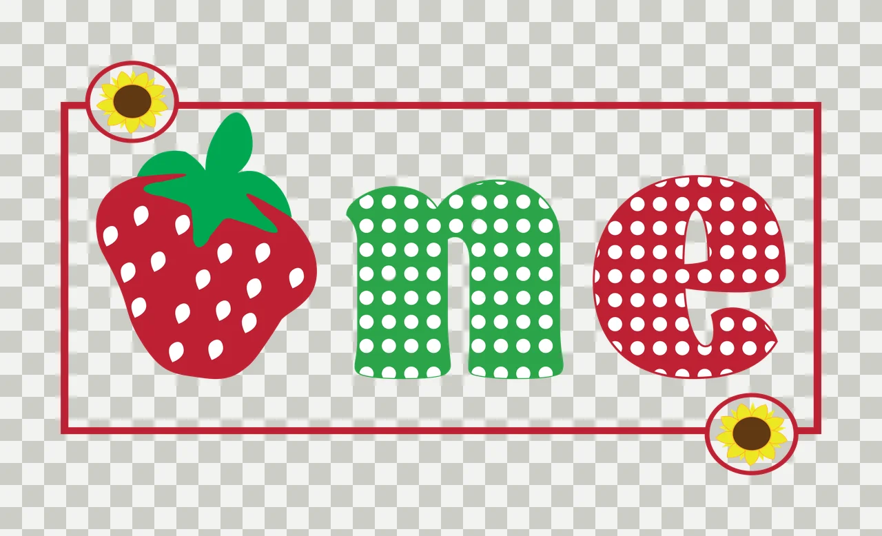 One Typography Design with strawberry, polka dots, sunflowers and rectangular border in red, green and white transparency and detail preview thumbnail