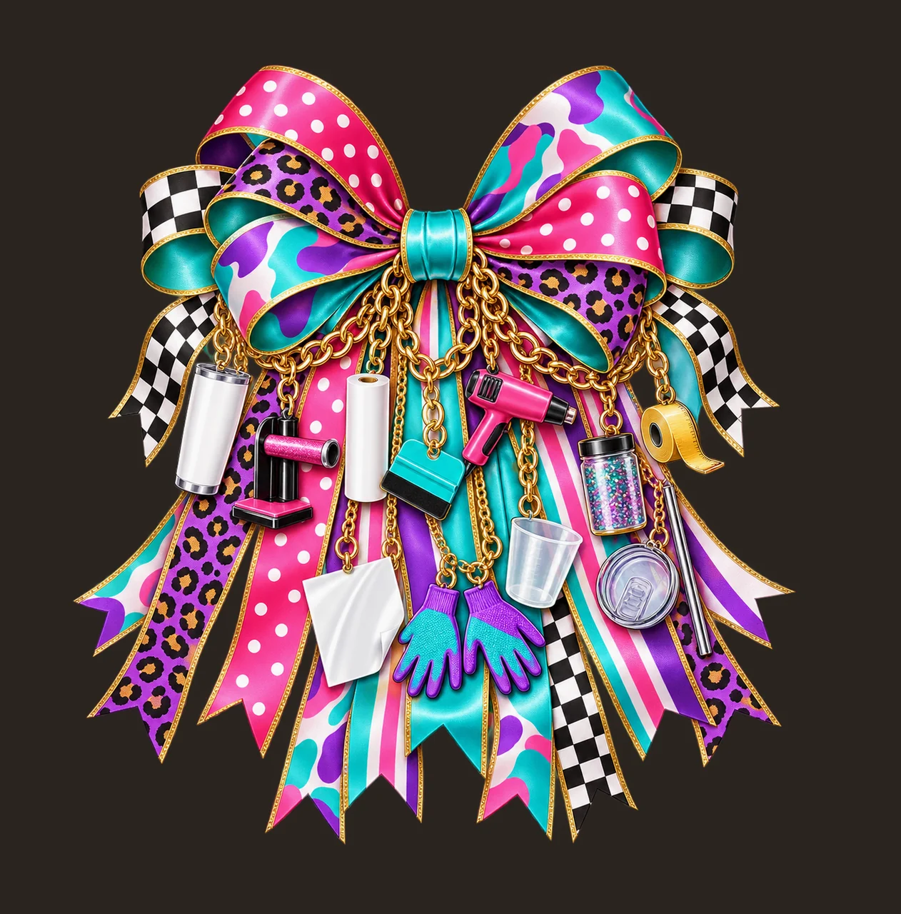 Tumbler Maker Bow Charm PNG, Gold Chain Charms, Transparent Sublimation Design, Digital Download contrast preview thumbnail