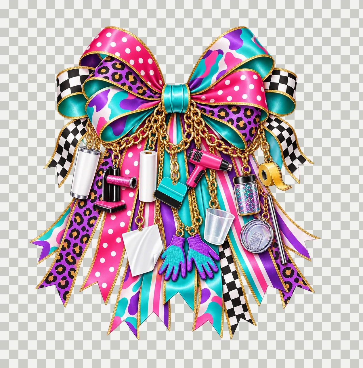 Tumbler Maker Bow Charm PNG, Gold Chain Charms, Transparent Sublimation Design, Digital Download transparency and detail preview thumbnail