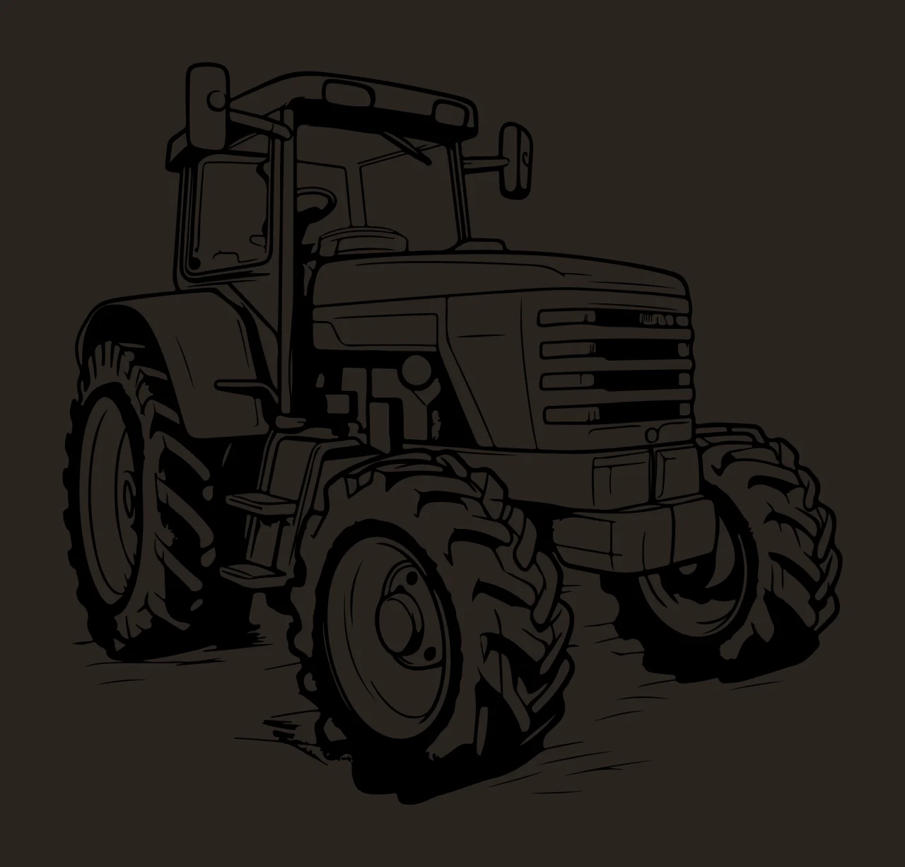 Black And White Line Art Tractor stationary wheels cab grille contrast preview thumbnail