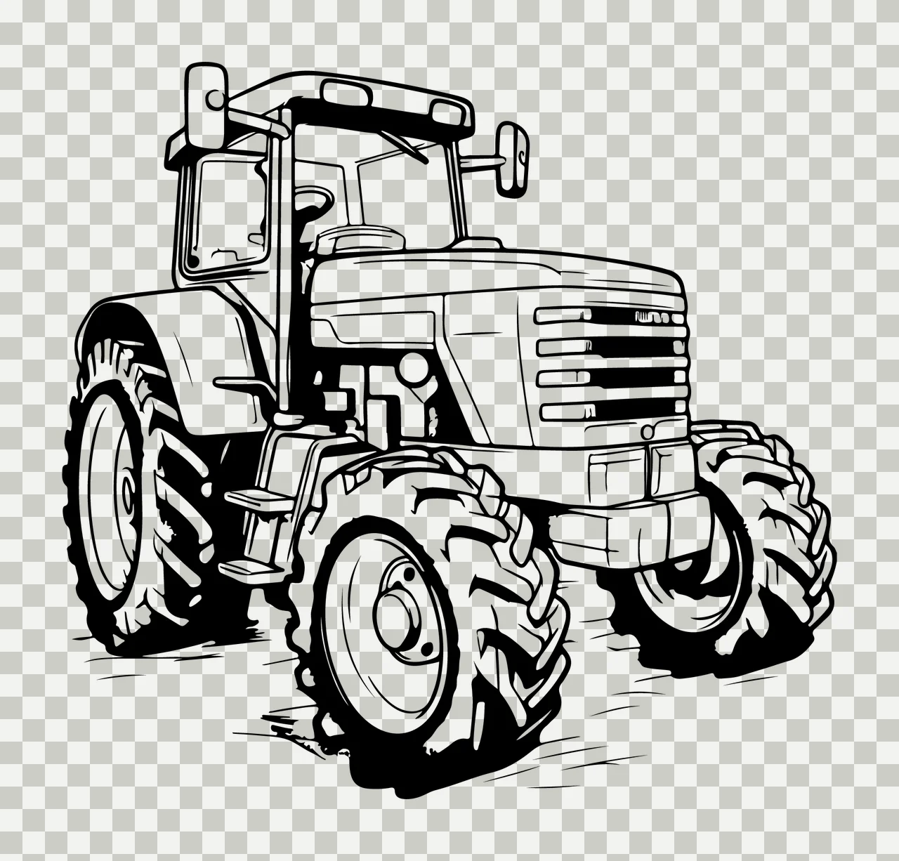 Black And White Line Art Tractor stationary wheels cab grille transparency and detail preview thumbnail