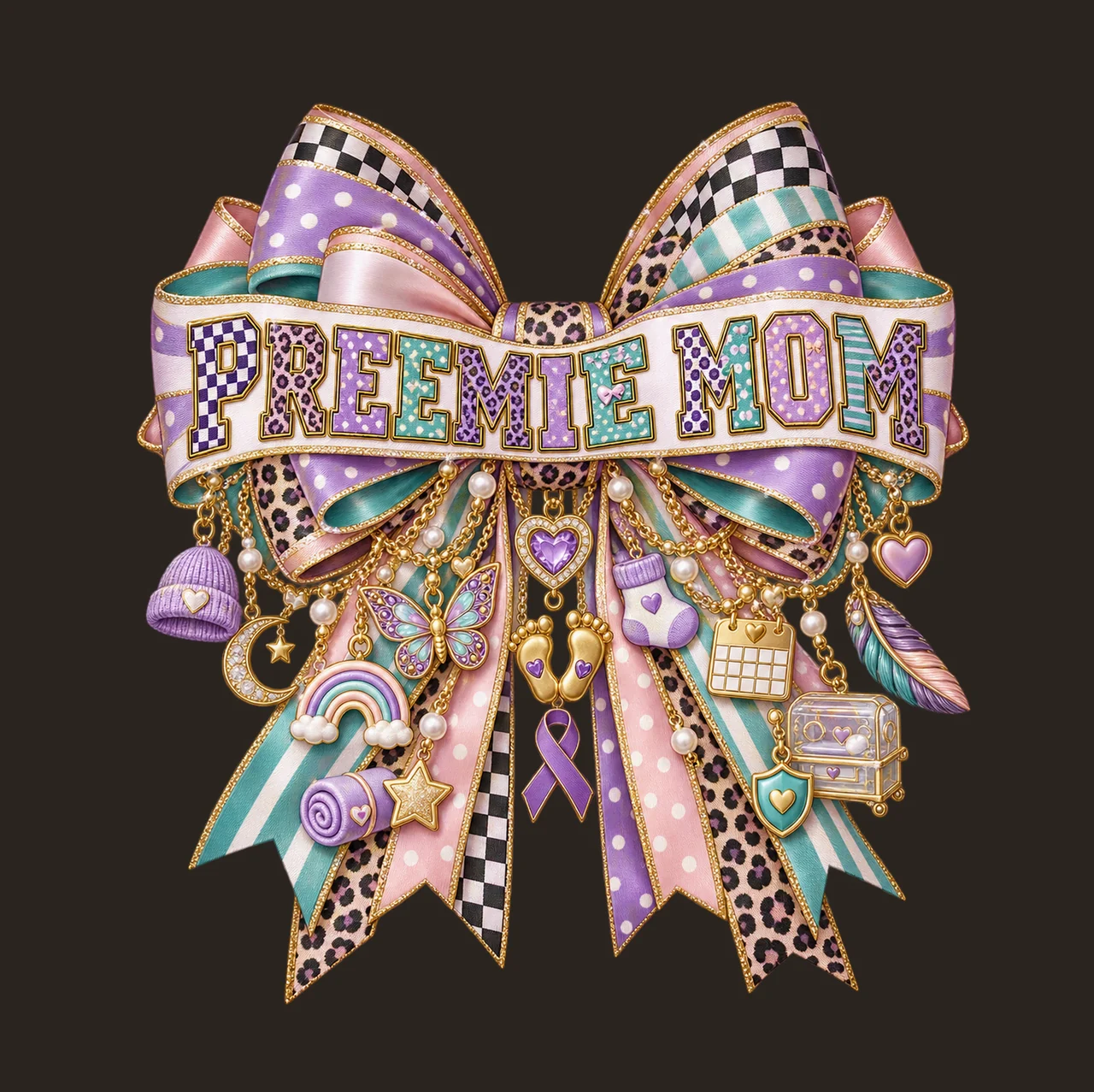 Preemie Mom Bow Charm PNG, Patterned Varsity Mom Ribbon Clipart, Transparent Sublimation Digital Download contrast preview thumbnail