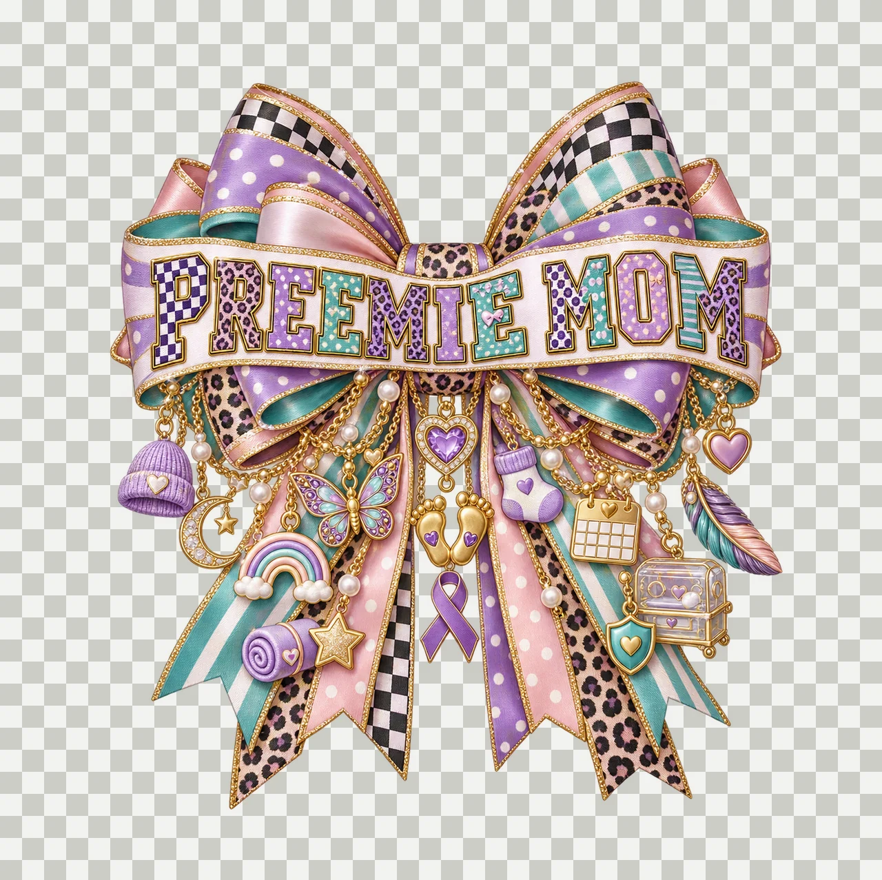 Preemie Mom Bow Charm PNG, Patterned Varsity Mom Ribbon Clipart, Transparent Sublimation Digital Download transparency and detail preview thumbnail