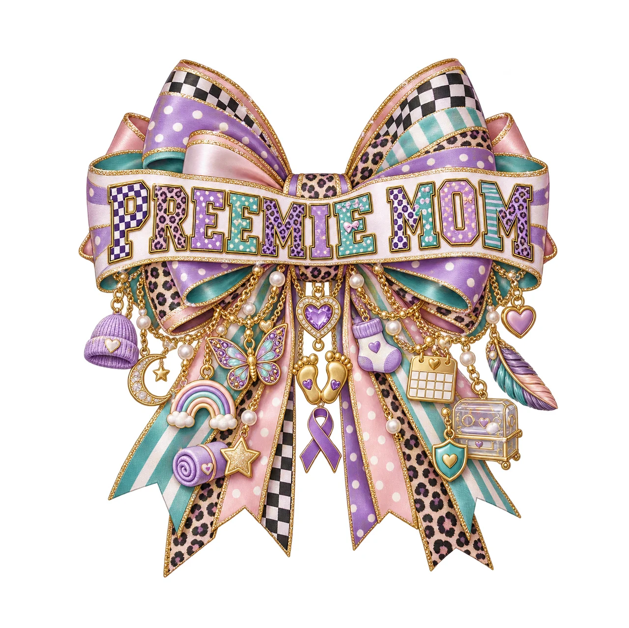Preemie Mom Bow Charm PNG, Patterned Varsity Mom Ribbon Clipart, Transparent Sublimation Digital Download