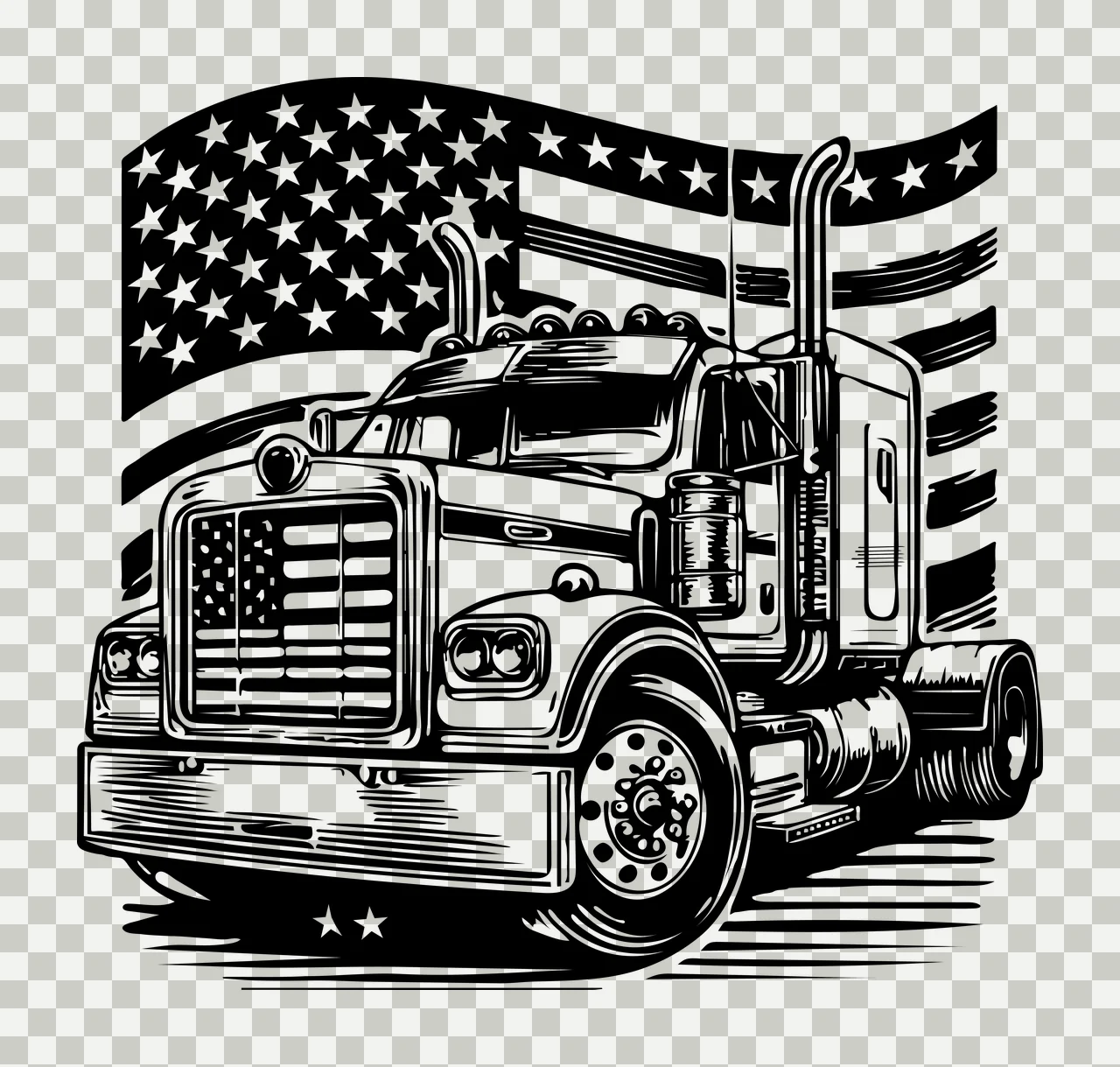 Semi Truck Flag Front View park grille headlights smokestacks transparency and detail preview thumbnail