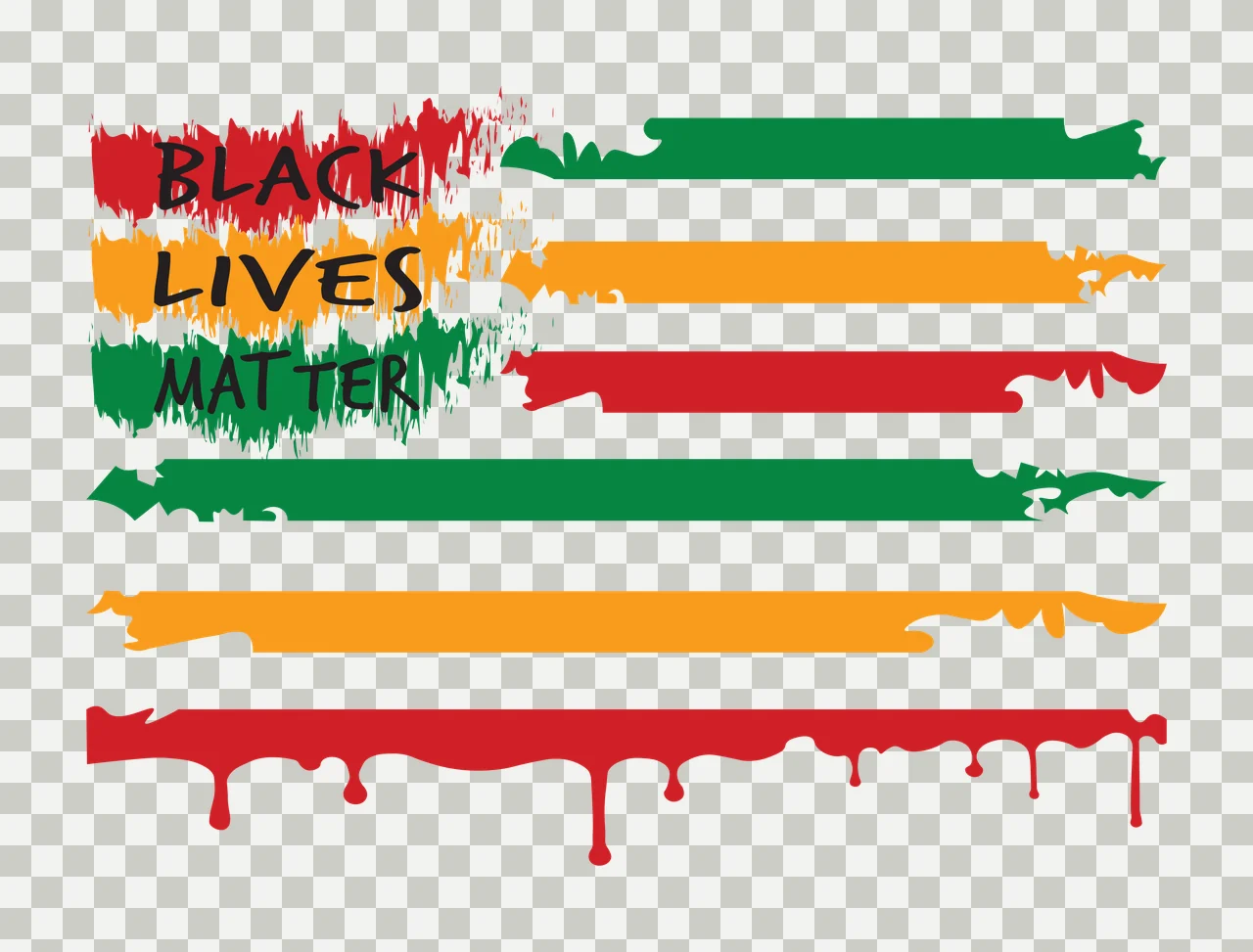BLACK LIVES MATTER Typography Design with brushstrokes, horizontal stripes, paint drips and black text in red, yellow and green transparency and detail preview thumbnail