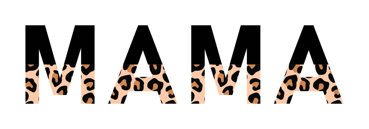 MAMA Typography Design with bold typography, leopard print pattern, black top half and tan bottom half in brown