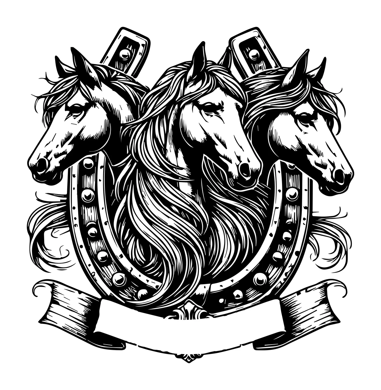 Horse Three Horses With Horseshoe Frame facing forward banner