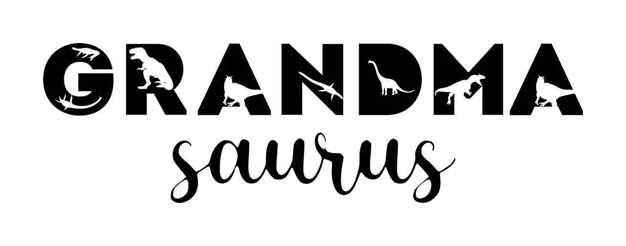 GRANDMA saurus Typography Design with GRANDMA text, dinosaur silhouettes, bold block lettering and cursive script lettering in black and white