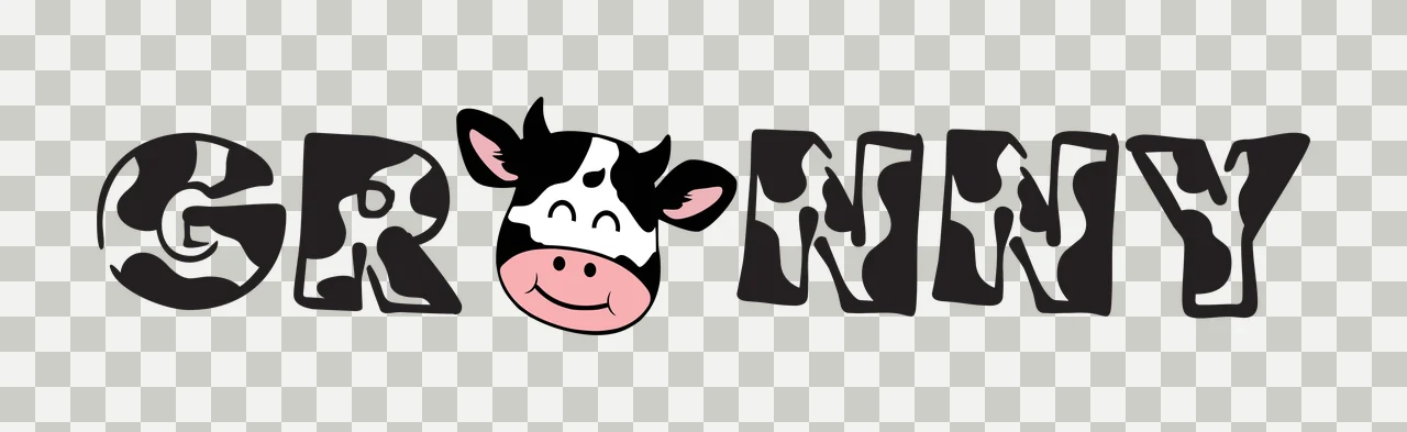 GRANNY typography with cow print lettering, cartoon cow head, black and white spots and pink snout transparency and detail preview thumbnail