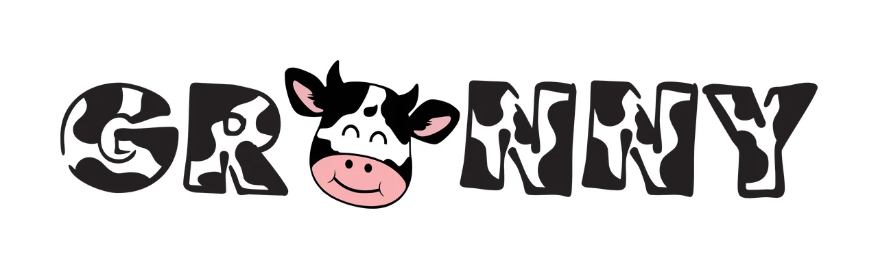 GRANNY typography with cow print lettering, cartoon cow head, black and white spots and pink snout
