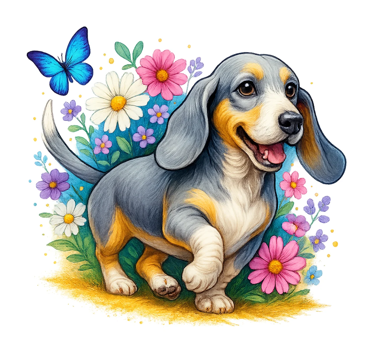 Dog Walking With Butterfly And Flowers In Blue grass animal