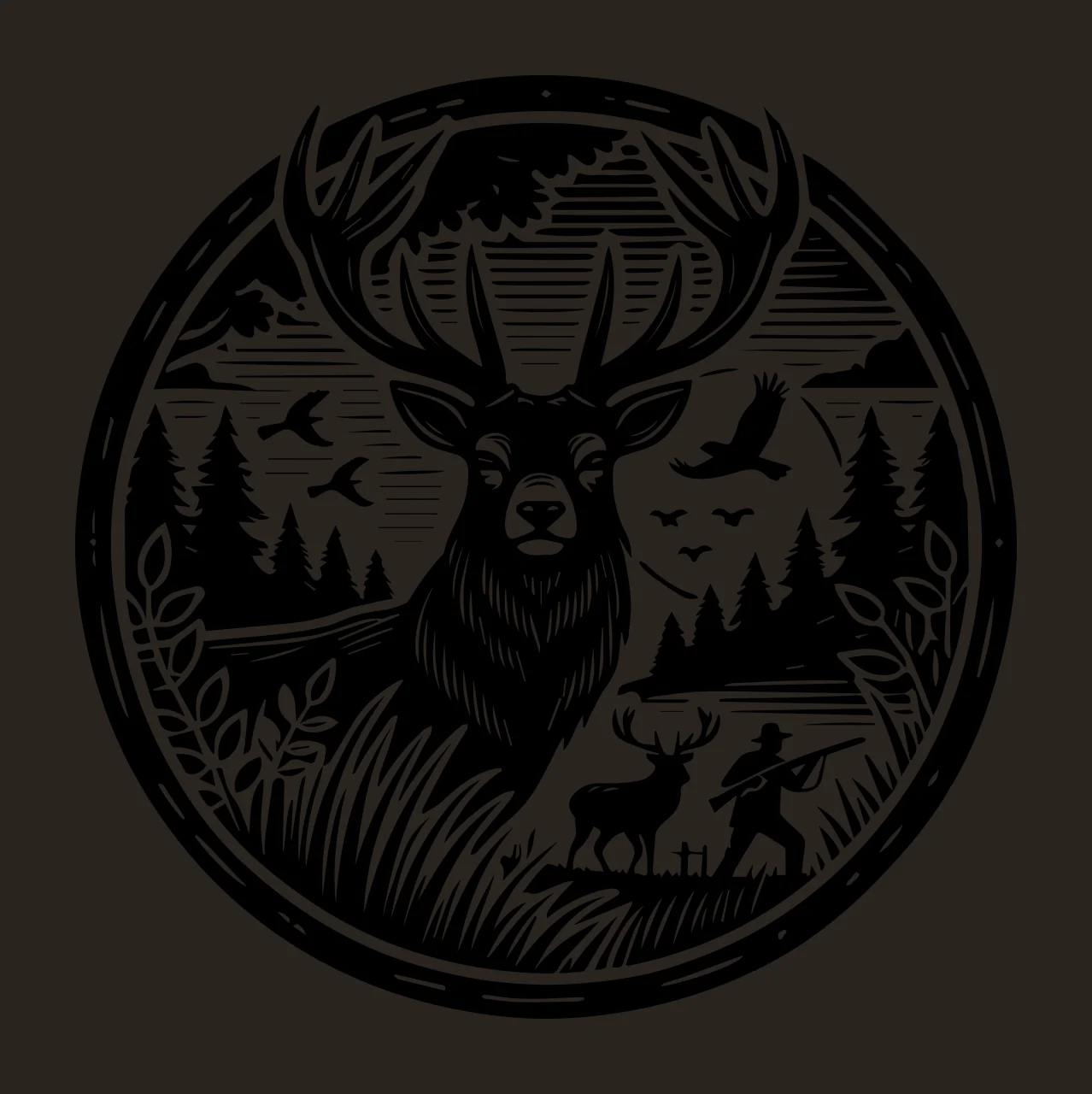 Deer Emblem In Black And White standing hunter trees birds contrast preview thumbnail