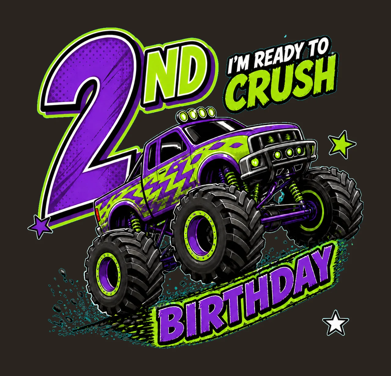 1 Monster Truck Birthday PNG, I'm Ready to Crush 2nd Birthday Sublimation Design, Purple Green Truck Boy Shirt Clipart Download PNG File contrast preview thumbnail