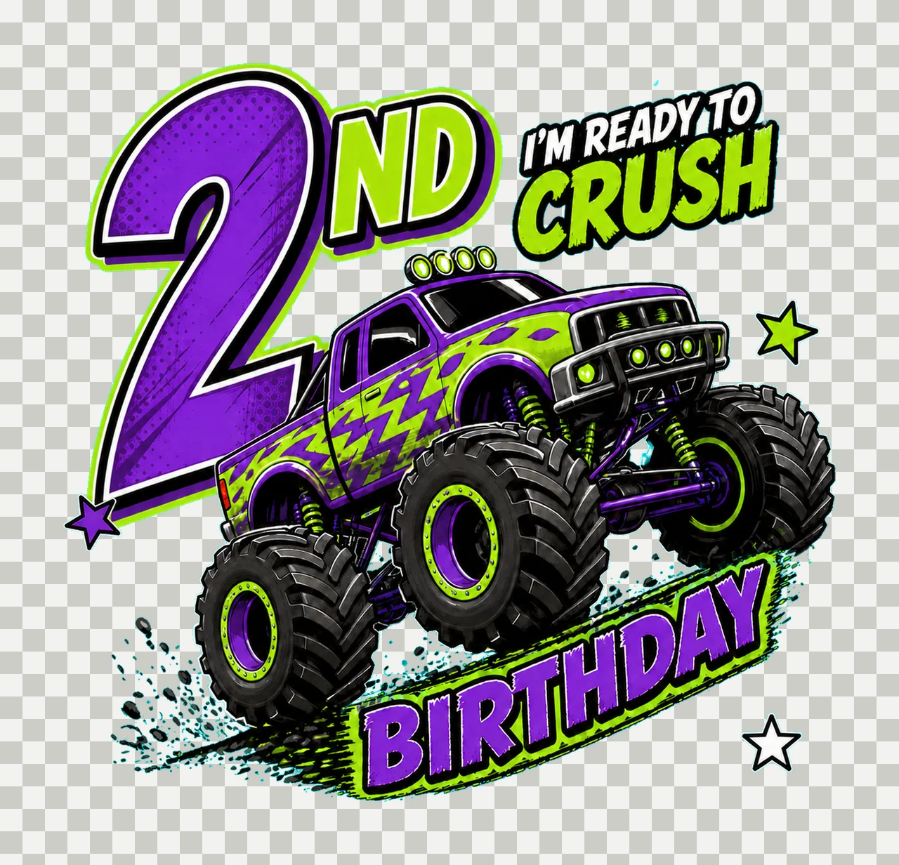 1 Monster Truck Birthday PNG, I'm Ready to Crush 2nd Birthday Sublimation Design, Purple Green Truck Boy Shirt Clipart Download PNG File transparency and detail preview thumbnail
