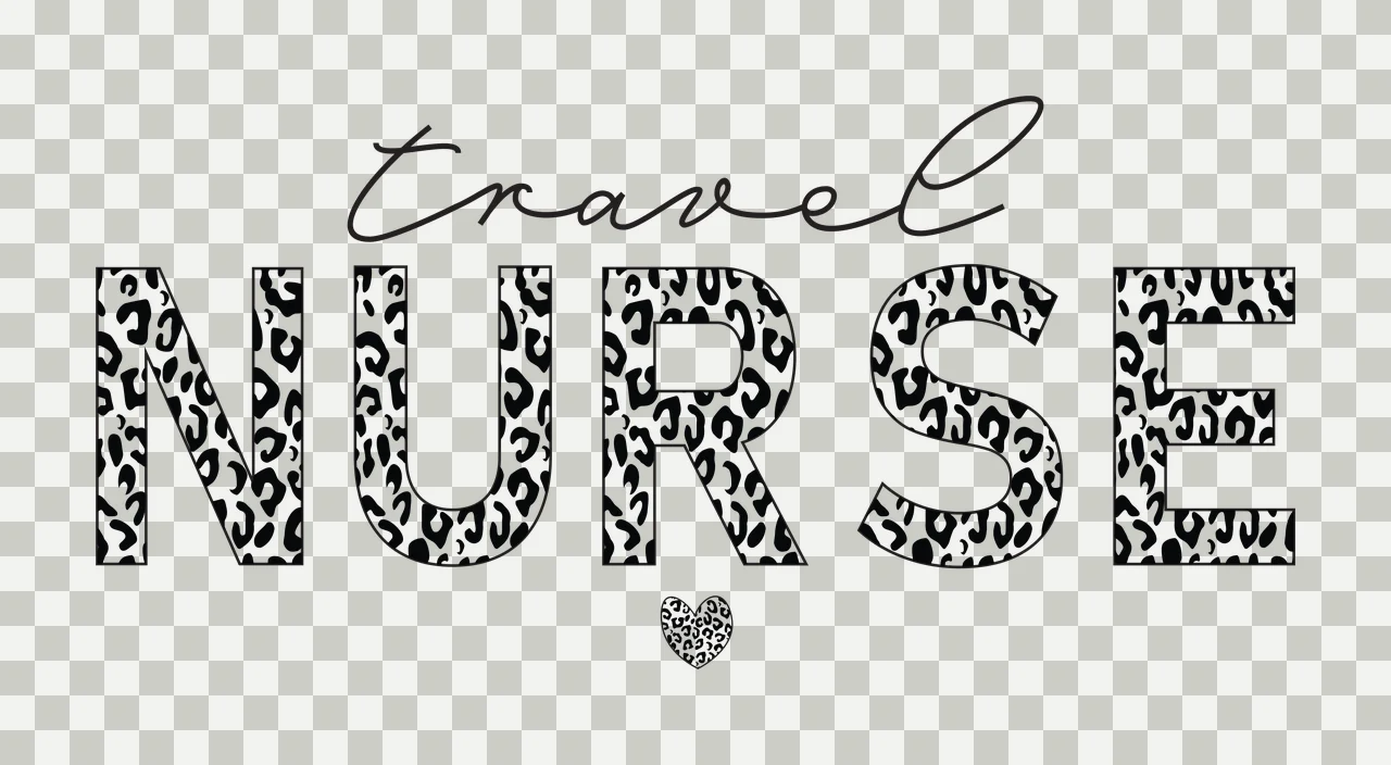 Travel NURSE Typography Design with leopard print letters N U R S E, cursive word 'travel' and small leopard print heart in black and white transparency and detail preview thumbnail