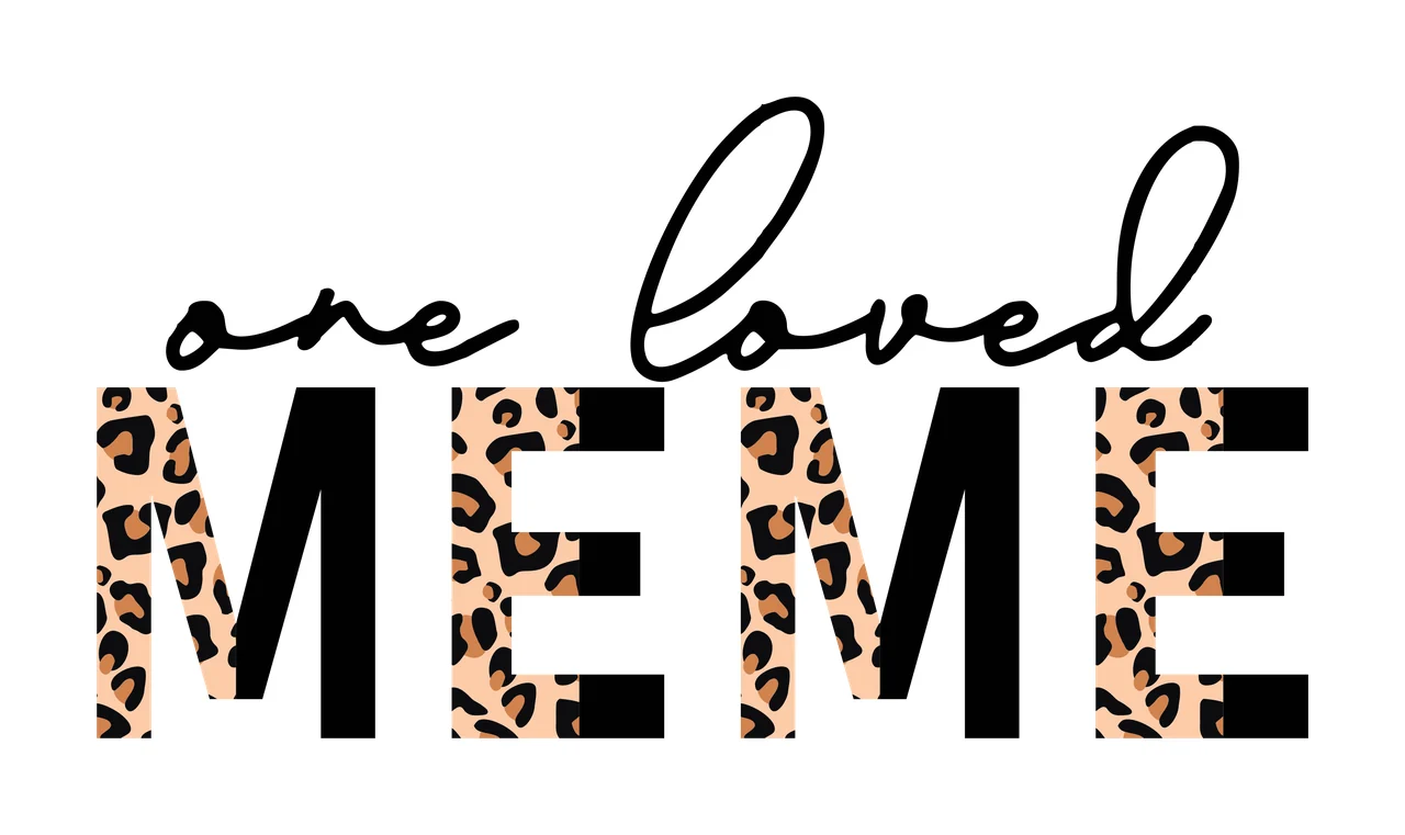 One loved MEME Typography Design with cursive text 'one loved', block letters 'MEME' with leopard pattern fill and leopard print pattern in black, tan and brown
