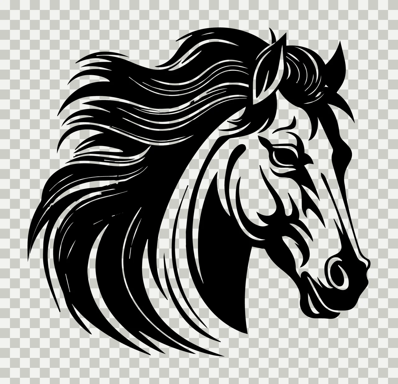 Horse Head Black And White Silhouette mane animal profile transparency and detail preview thumbnail