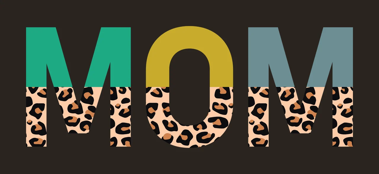 MOM Typography Design with bold sans-serif letters, leopard print pattern, solid color blocks and mustard yellow in green contrast preview thumbnail