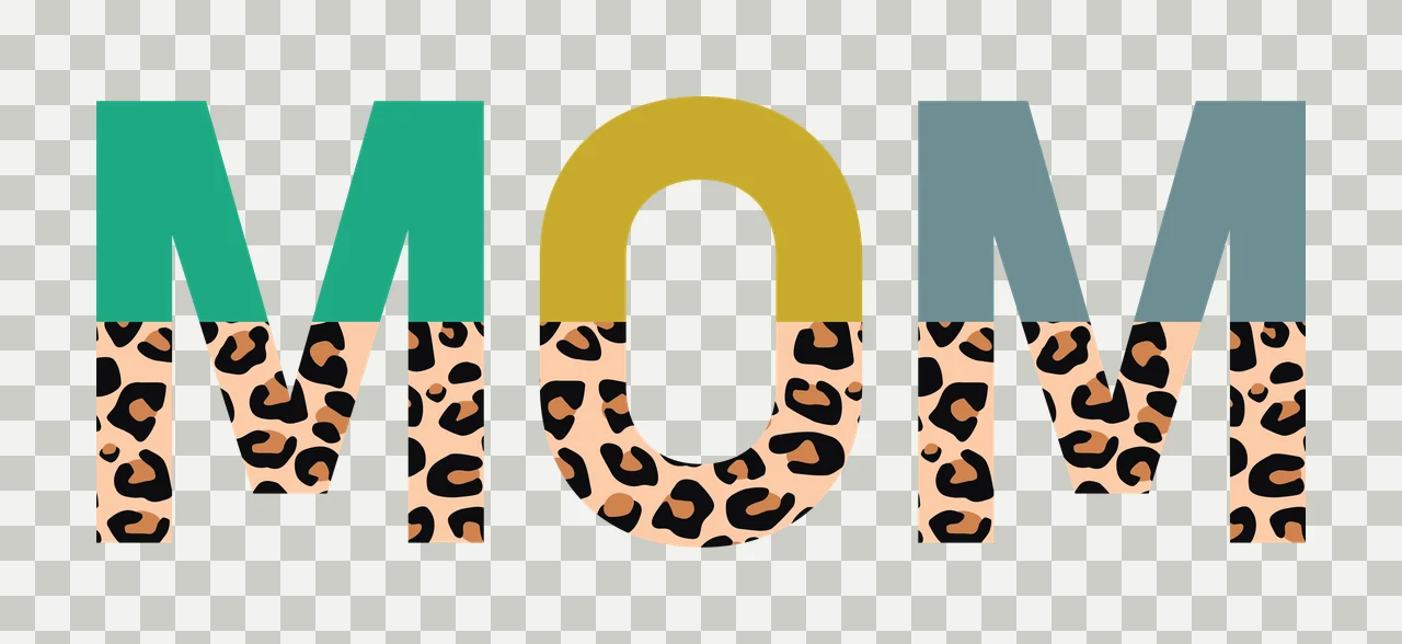 MOM Typography Design with bold sans-serif letters, leopard print pattern, solid color blocks and mustard yellow in green transparency and detail preview thumbnail