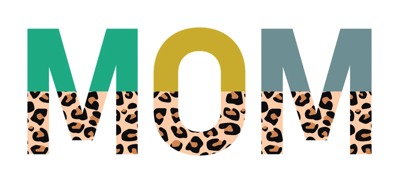 MOM Typography Design with bold sans-serif letters, leopard print pattern, solid color blocks and mustard yellow in green