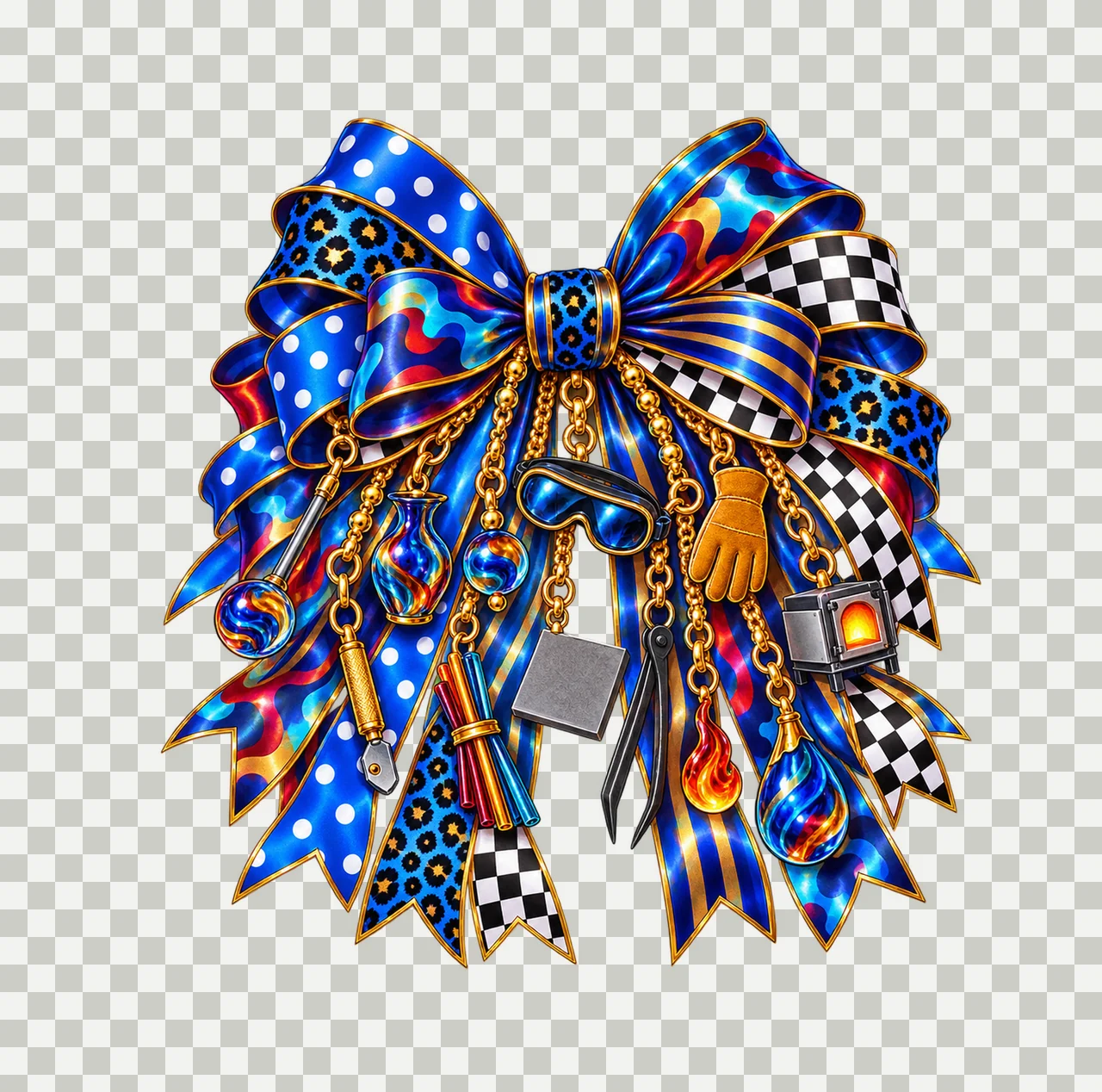 Glass Artist Bow Charm PNG, Gold Chain Charms, Transparent Sublimation Design, Digital Download transparency and detail preview thumbnail