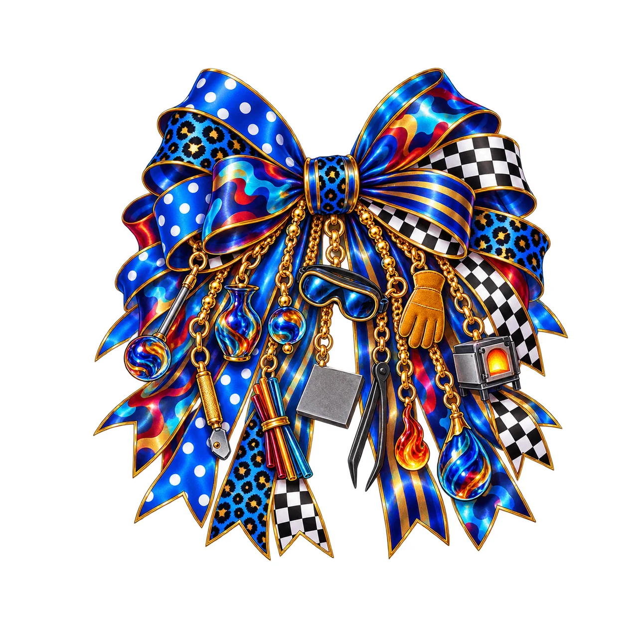 Glass Artist Bow Charm PNG, Gold Chain Charms, Transparent Sublimation Design, Digital Download