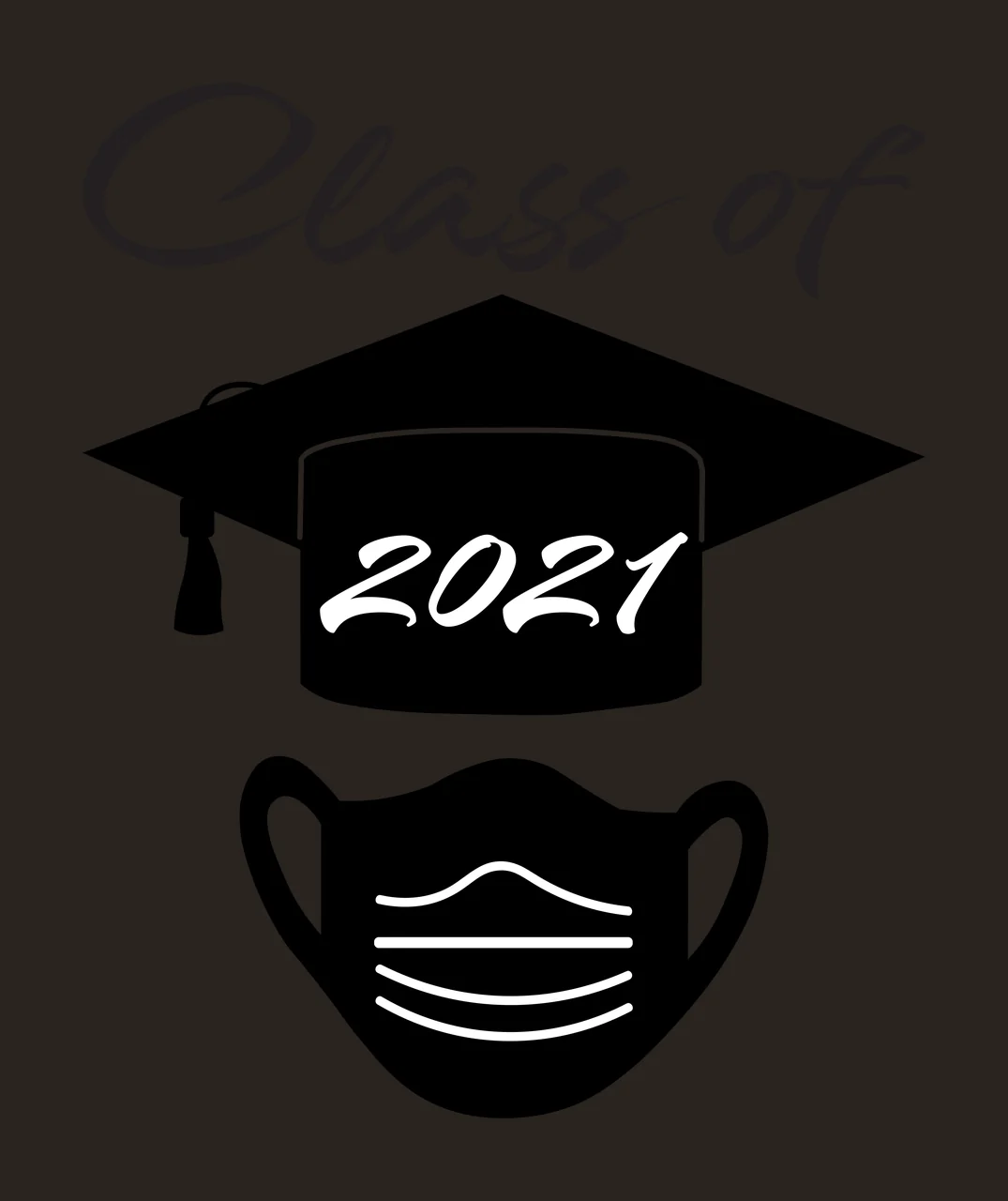 Class of 2021 Typography Design with black graduation cap with tassel, white '2021' text on cap and black face mask with white lines contrast preview thumbnail