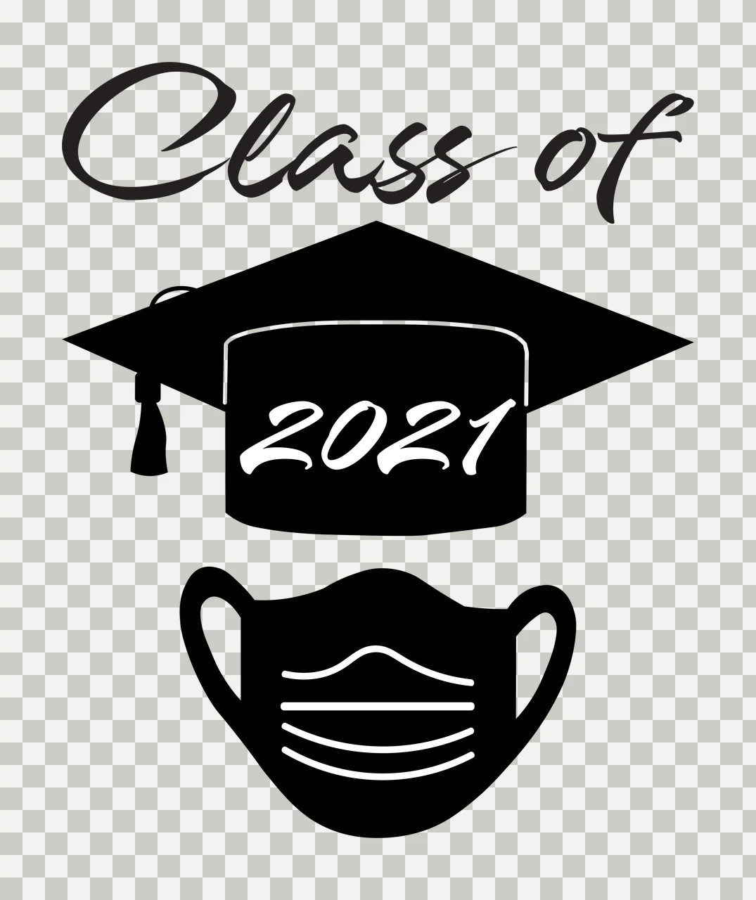 Class of 2021 Typography Design with black graduation cap with tassel, white '2021' text on cap and black face mask with white lines transparency and detail preview thumbnail