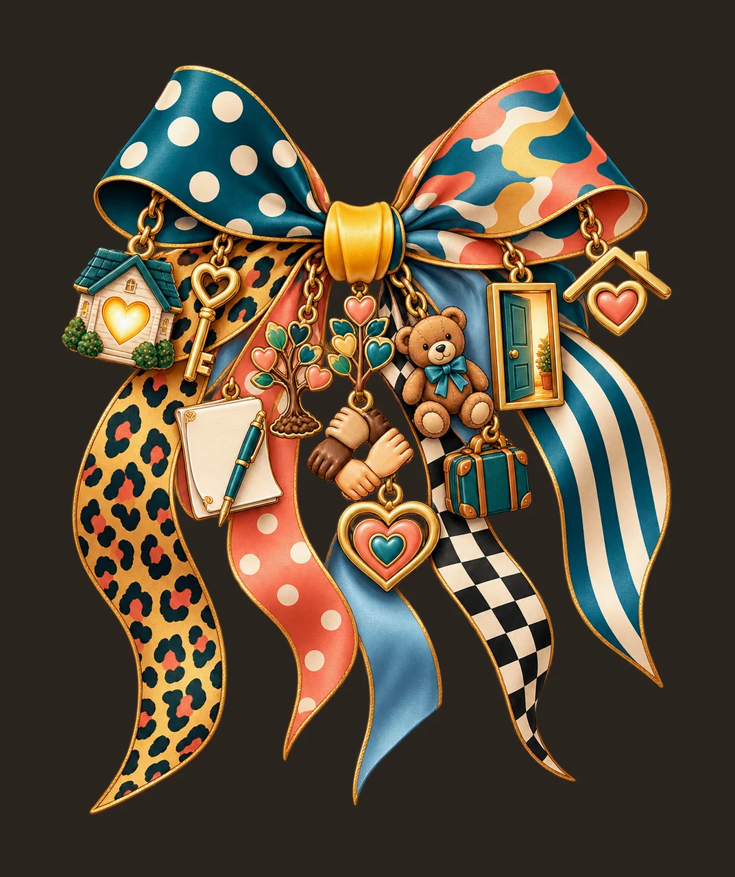 Adoption Family Bow Charm PNG, Welcoming Home Key Family Tree and Heart Charms, Belonging Sublimation Design, Transparent Download contrast preview thumbnail