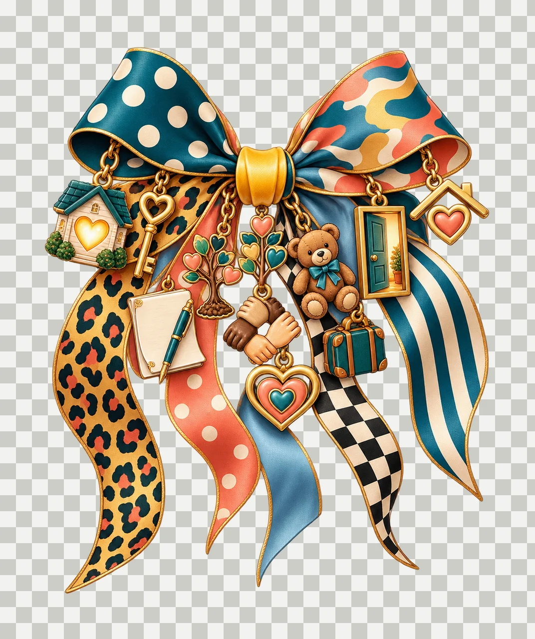 Adoption Family Bow Charm PNG, Welcoming Home Key Family Tree and Heart Charms, Belonging Sublimation Design, Transparent Download transparency and detail preview thumbnail