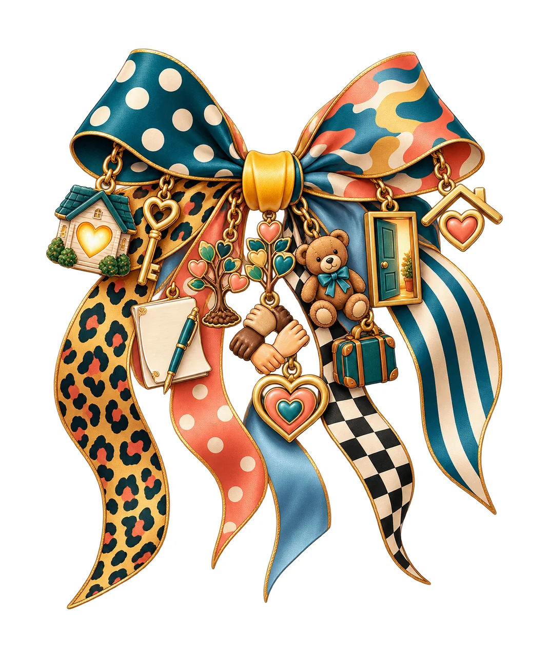 Adoption Family Bow Charm PNG, Welcoming Home Key Family Tree and Heart Charms, Belonging Sublimation Design, Transparent Download