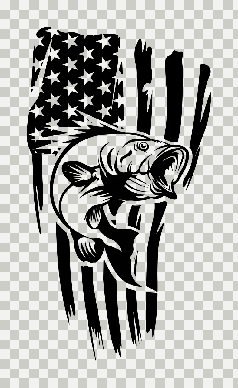 Bass Fish Jumping Over Flag Graphic stars stripes black white transparency and detail preview thumbnail