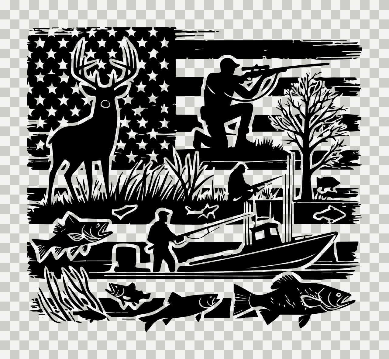 Hunting Outdoor Activities On American Flag Silhouette recreation transparency and detail preview thumbnail