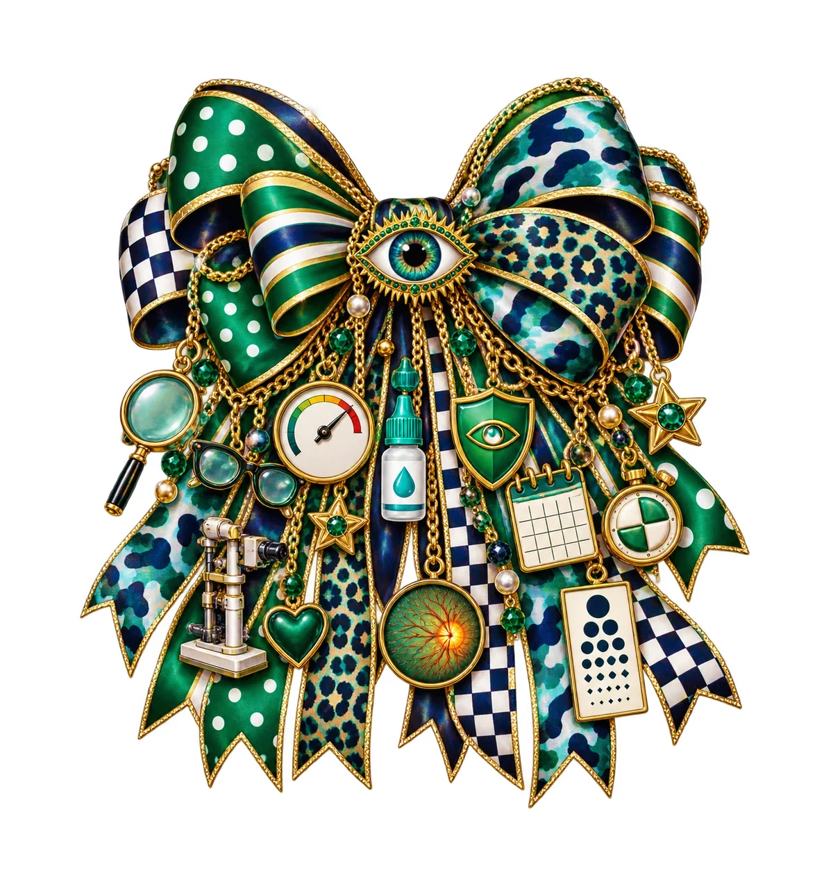 Glaucoma Awareness Bow Charm PNG, Eye Screening Drops and Vision Care Charms, Health Sublimation Design, Transparent Download
