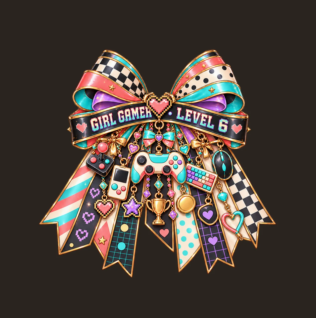 Girl Gamer Level 6 Bow Charm PNG, Patterned Coquette Bow Clipart, Transparent Sublimation Digital Download contrast preview thumbnail