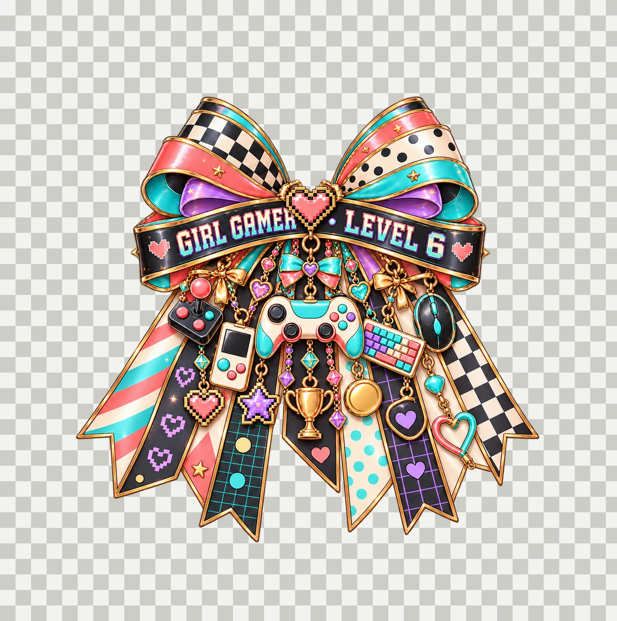 Girl Gamer Level 6 Bow Charm PNG, Patterned Coquette Bow Clipart, Transparent Sublimation Digital Download transparency and detail preview thumbnail