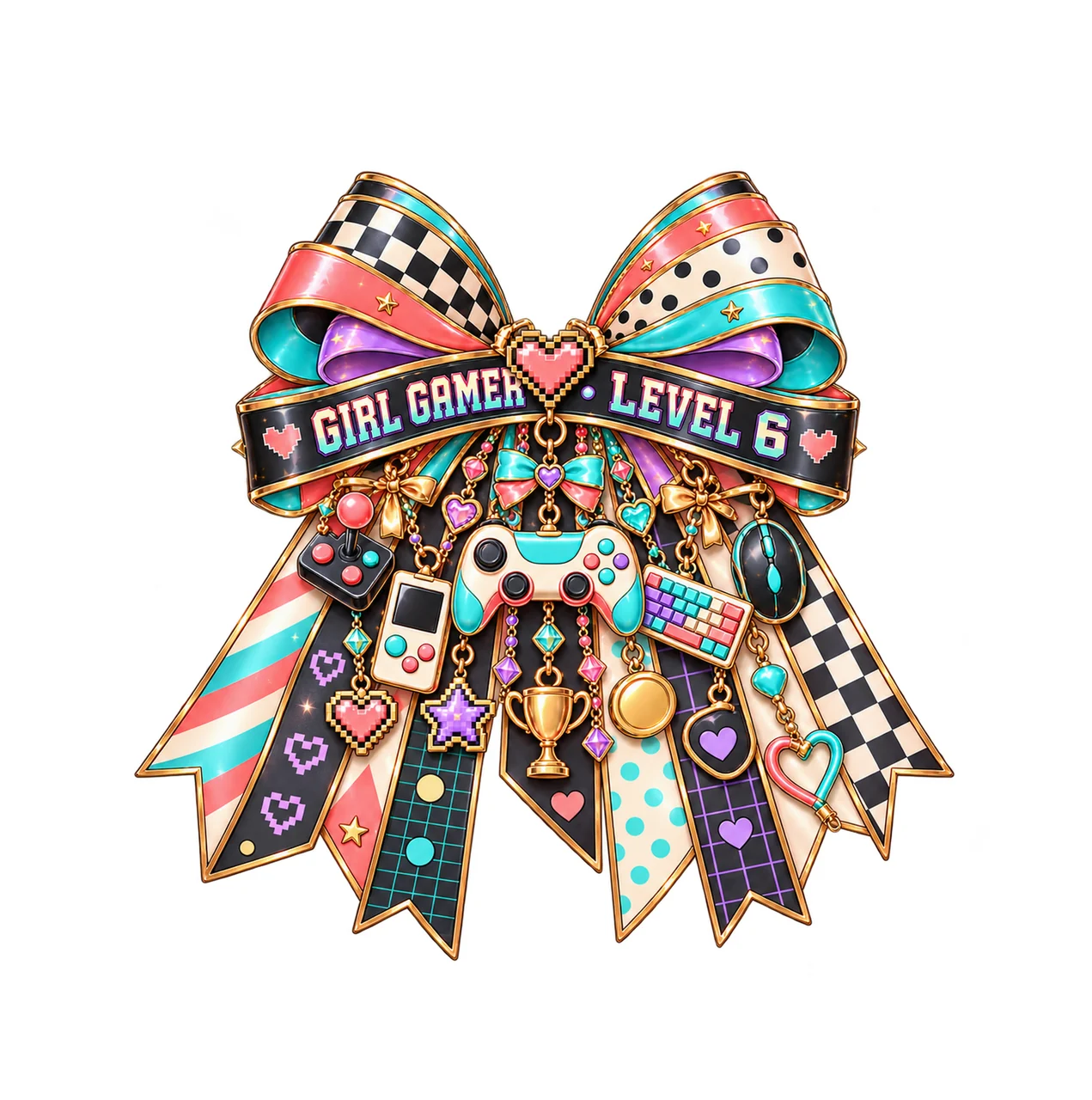Girl Gamer Level 6 Bow Charm PNG, Patterned Coquette Bow Clipart, Transparent Sublimation Digital Download