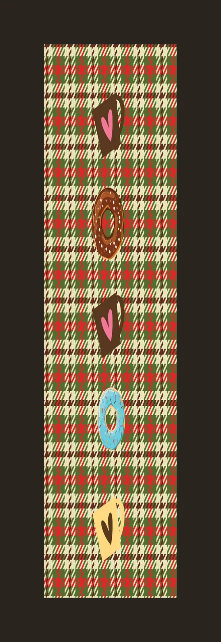 Repeating pattern of mugs and donuts on plaid background Illustration with brown mug with pink heart, chocolate donut with white sprinkles, blue donut with white sprinkles and yellow mug with black contrast preview thumbnail