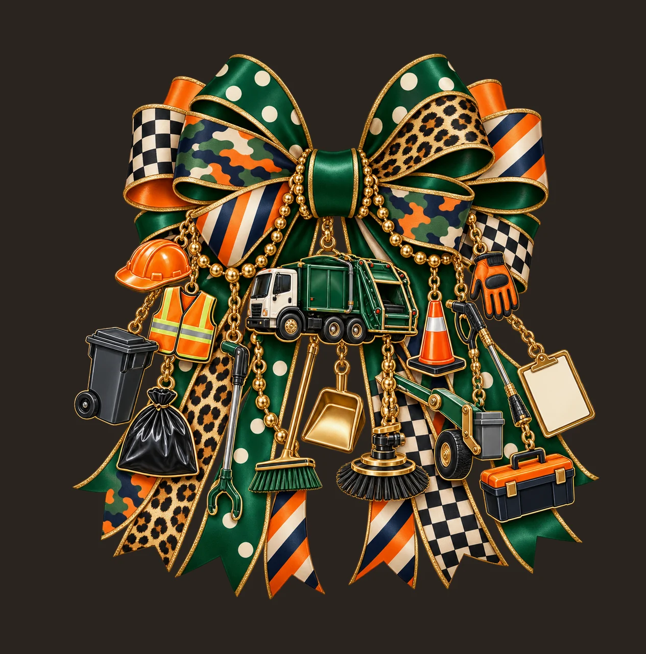 Sanitation Worker Bow Charm PNG, Themed Gold Chain Charms, Coquette Ribbon Sublimation Design, Transparent Digital Download contrast preview thumbnail