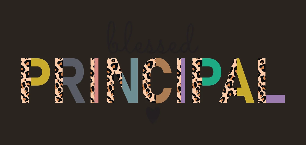 Blessed PRINCIPAL Typography Design with cursive script font, block letters, leopard print pattern and heart icon in black, tan and grey contrast preview thumbnail