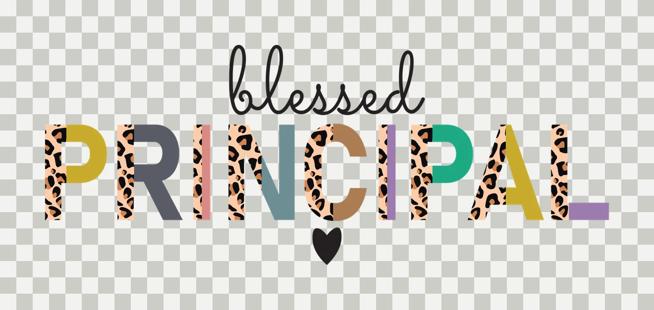 Blessed PRINCIPAL Typography Design with cursive script font, block letters, leopard print pattern and heart icon in black, tan and grey transparency and detail preview thumbnail