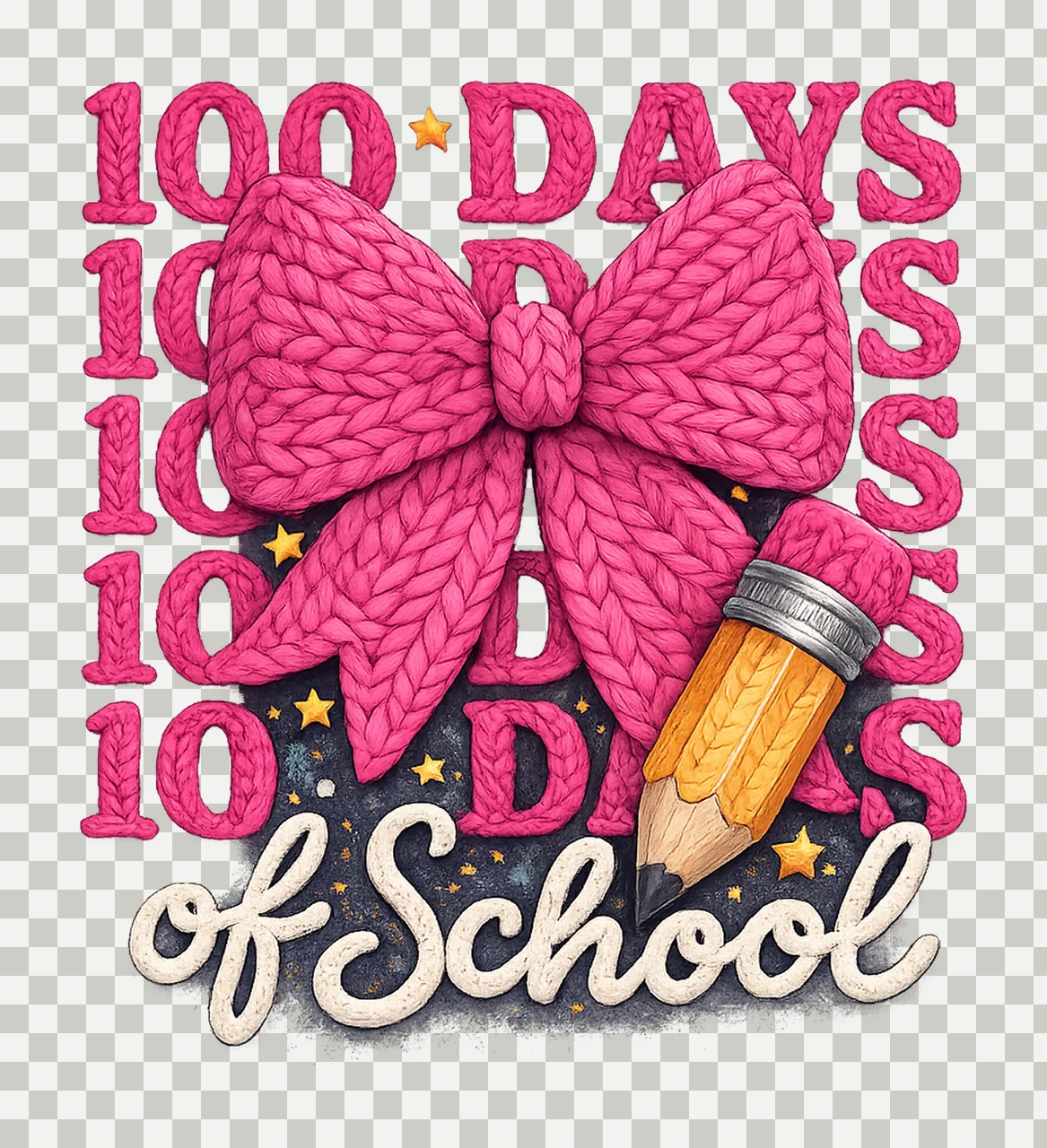 100 Days of School Crochet Bow Pencil Design Teacher Shirt transparency and detail preview thumbnail
