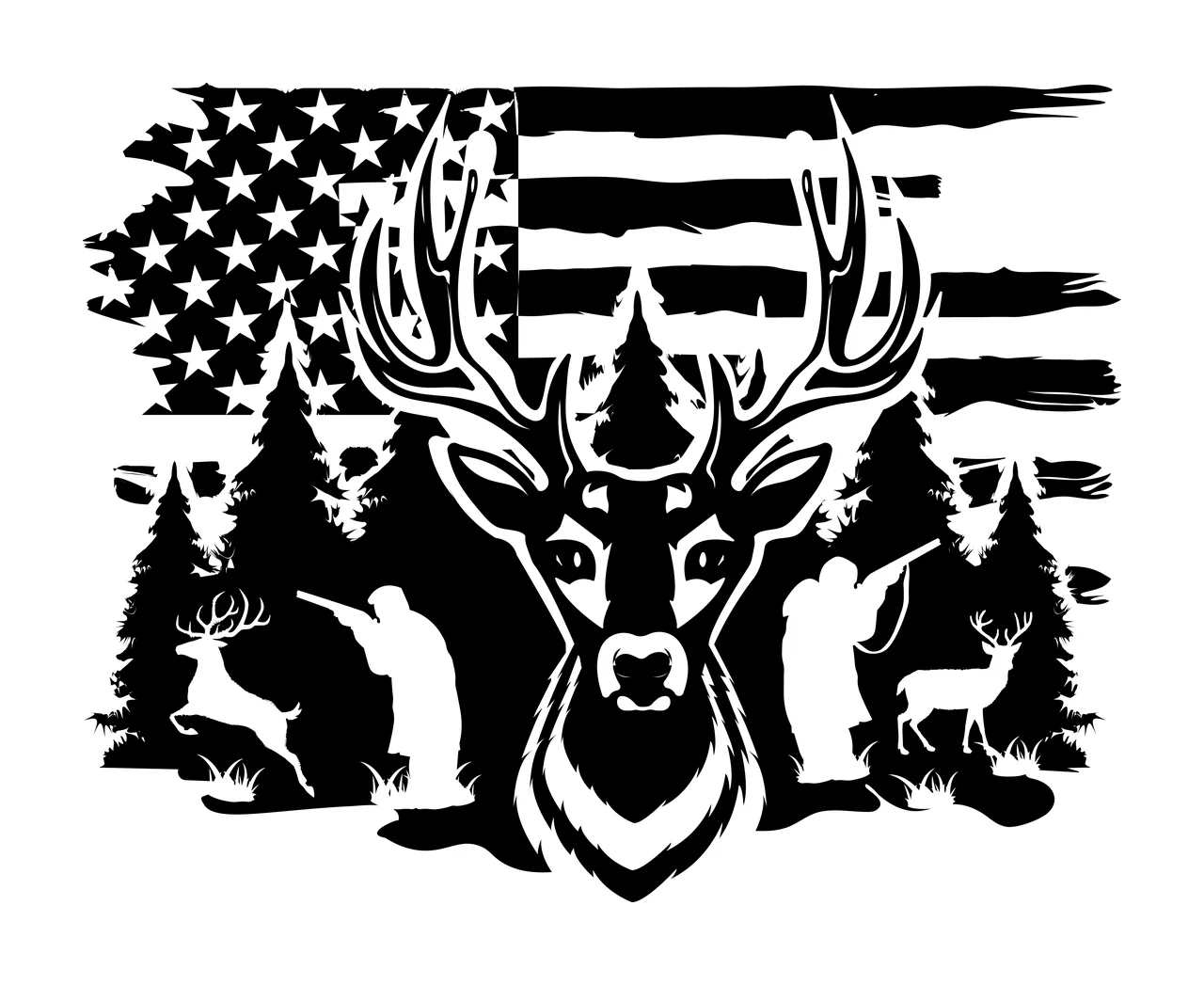 Deer Head And Flag Silhouette standing trees hunters black