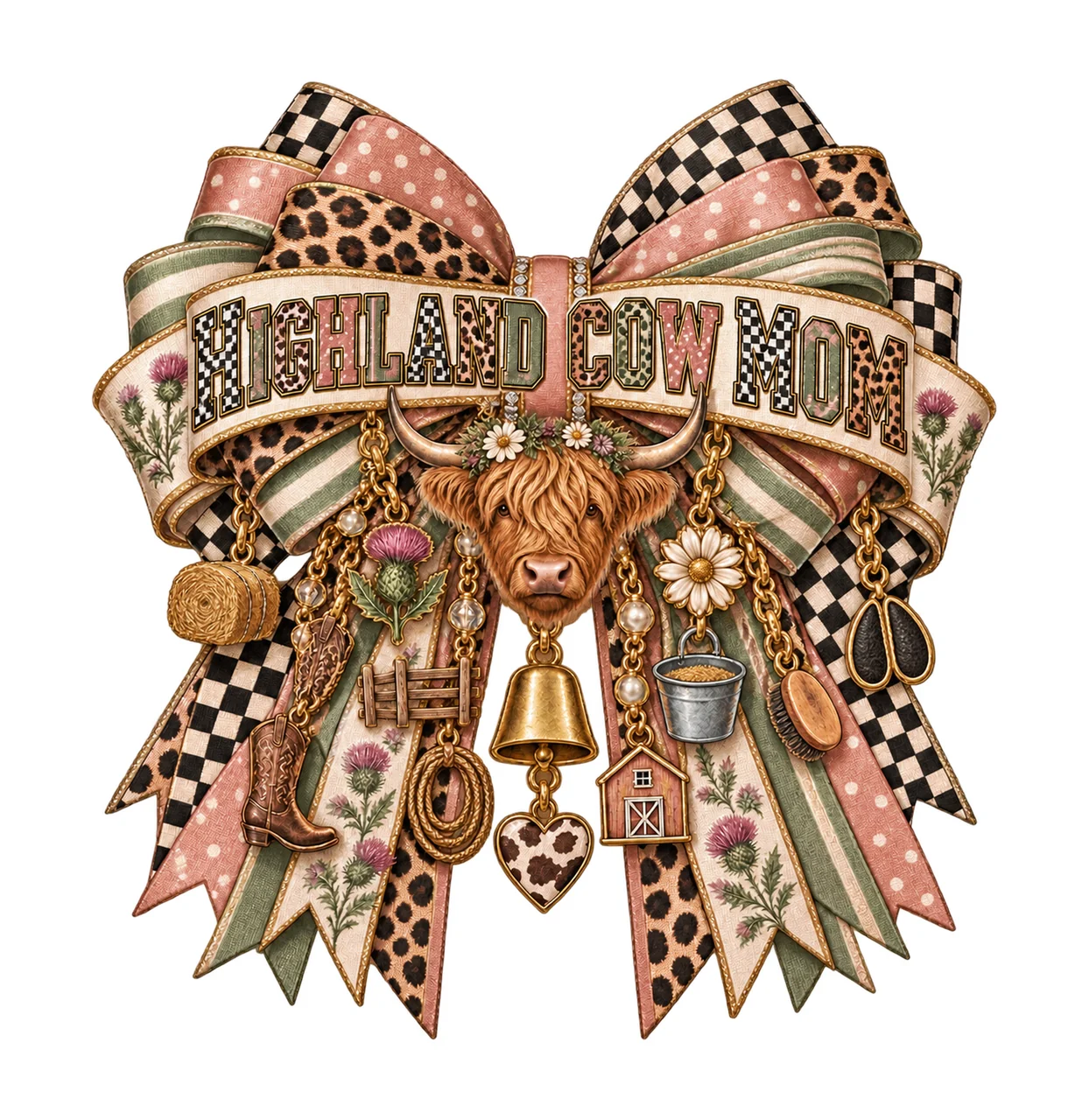 Highland Cow Mom Bow Charm PNG, Patterned Varsity Mom Ribbon Clipart, Transparent Sublimation Digital Download