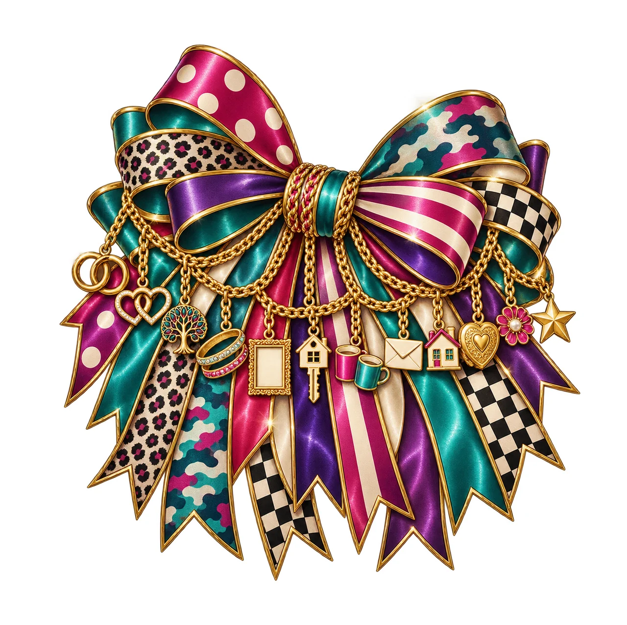 Sister-in-Law Bow Charm PNG, Gold Chain Charms, Transparent Sublimation Design, Digital Download