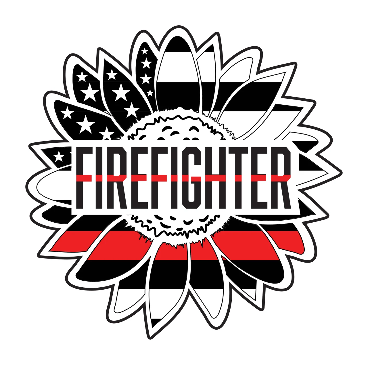 FIREFIGHTER sunflower Design with stars, stripes, text and thin red line in black and white